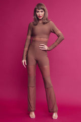 Bandage long sleeve top pants set mesh insert: MOCHA, M