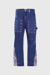 Tapestry Pattern Flared Denim Jeans: Ash Indigo, XL