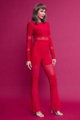 Bandage long sleeve top pants set mesh insert: MOCHA, L