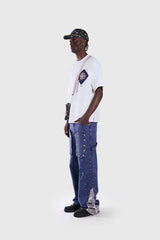 Tapestry Pattern Flared Denim Jeans: Ash Indigo, XL