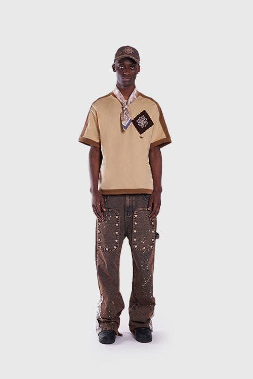 Tapestry Pattern Flared Denim Jeans: Rustic Brown, M