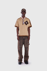 Tapestry Pattern Flared Denim Jeans: Rustic Brown, M