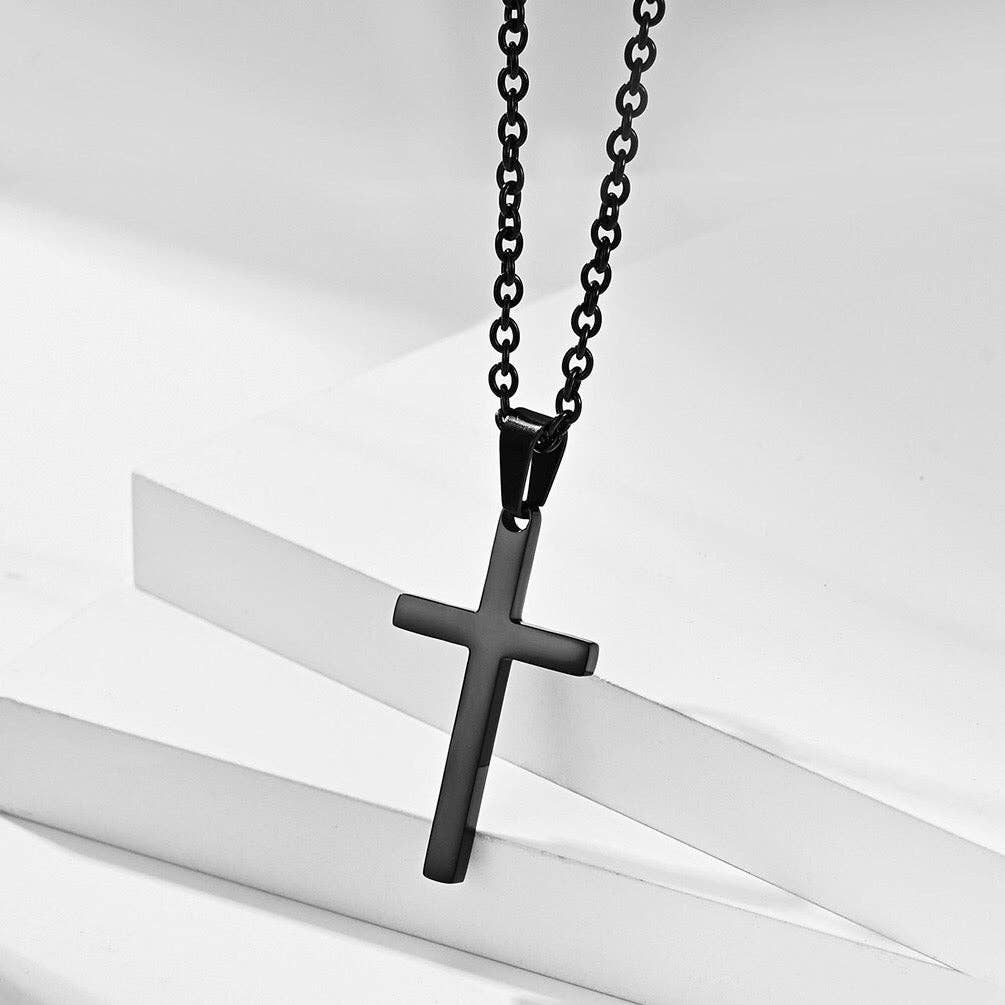 Mens Cross Charm Pendant Necklace in Stainless Steel: Silver, Small