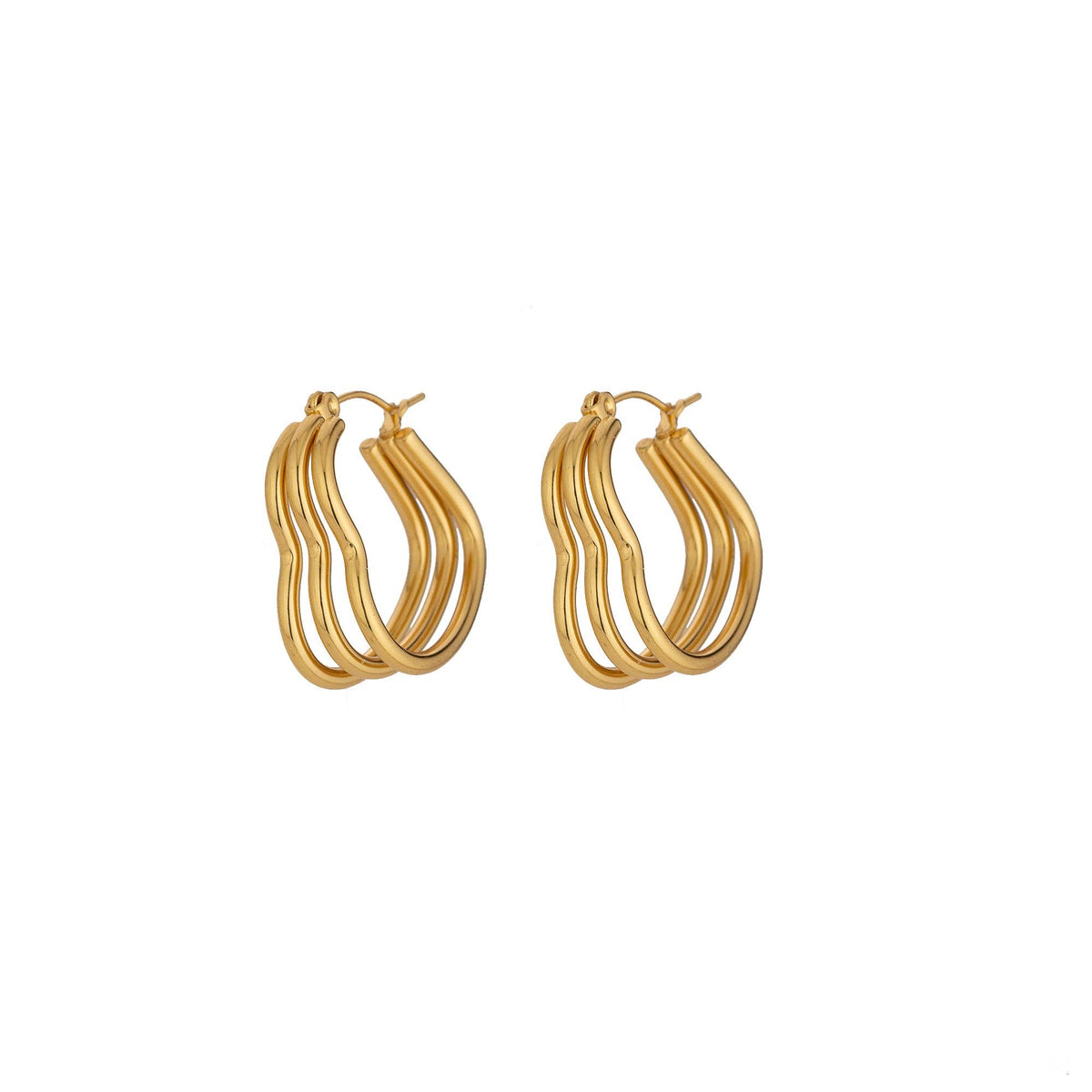 Modern Wavy Gold Triple Heart Hoop Earring-00354