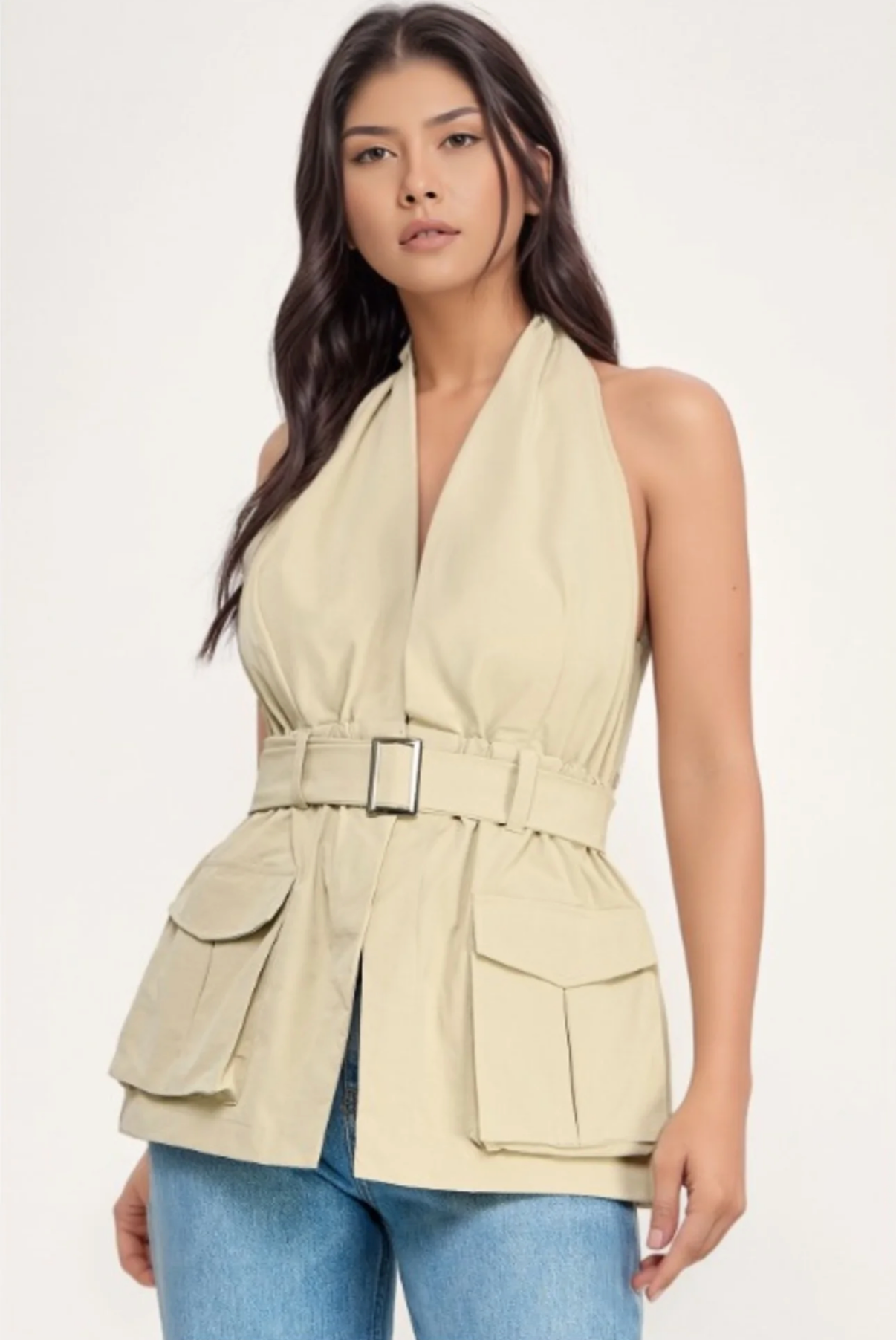 Highlight Nude Halter V Neck Vest