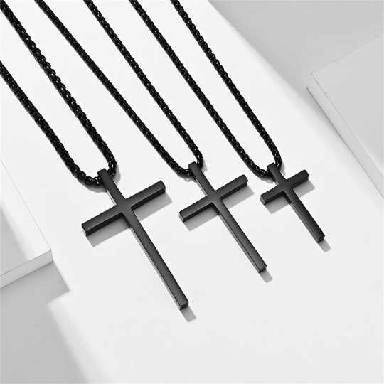 Mens Cross Charm Pendant Necklace in Stainless Steel: Silver, Small