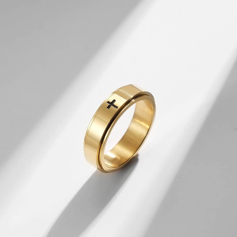 Cross Anxiety Fidget Spinner Band Ring in Stainless Steel: Gold/No Engrave, 9 US