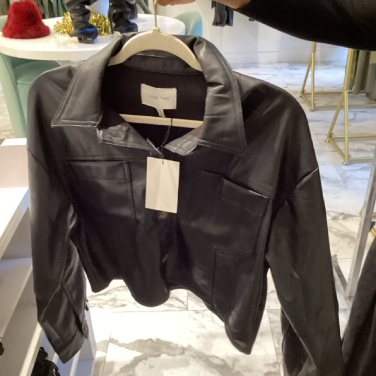 Love Tree Black Leather Buttoned Crop Top