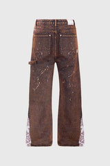 Tapestry Pattern Flared Denim Jeans: Rustic Brown, M