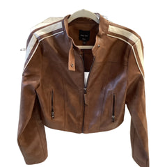 Love Tree Brown Leather Striped Sleeve  Moto Crop Jacket