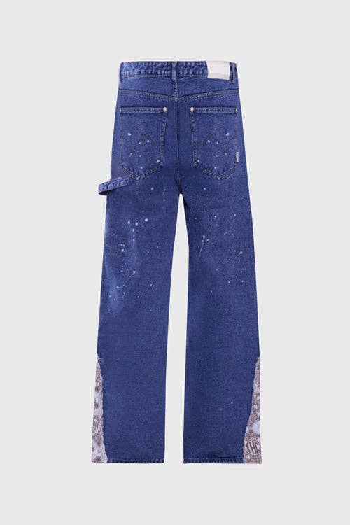 Tapestry Pattern Flared Denim Jeans: Ash Indigo, L