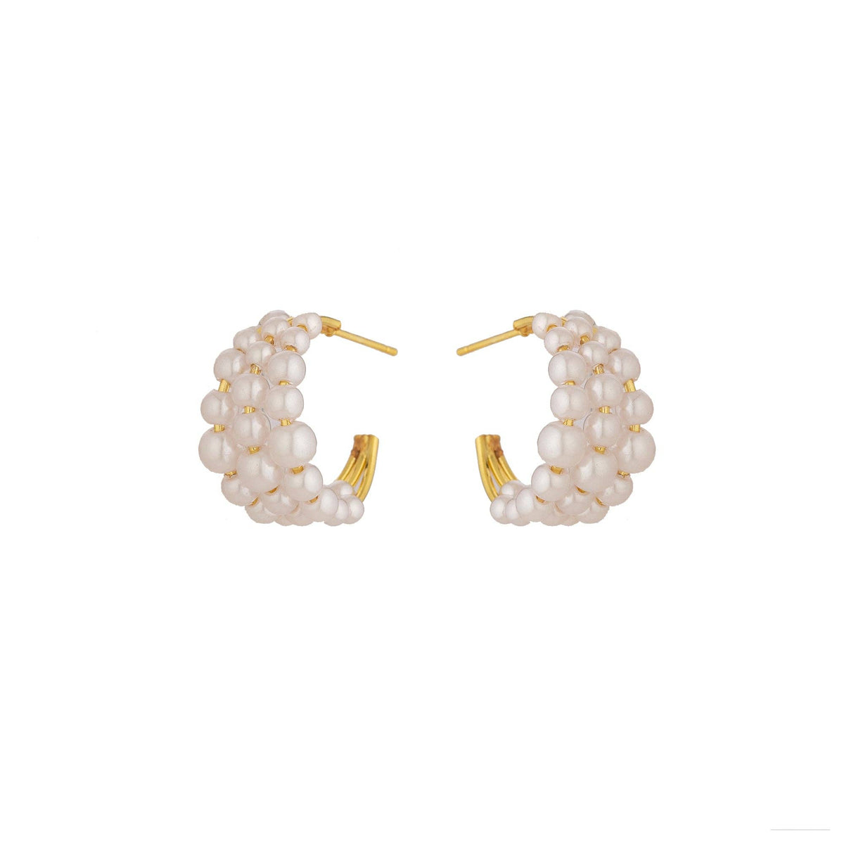 Dainty Gold White Beaded Triple Hoop Earring-00356