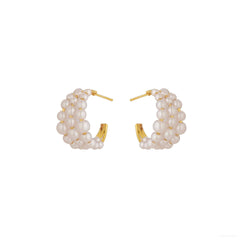 Dainty Gold White Beaded Triple Hoop Earring-00356