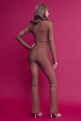 Bandage long sleeve top pants set mesh insert: MOCHA, M