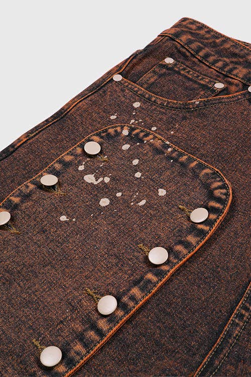Tapestry Pattern Flared Denim Jeans: Rustic Brown, M