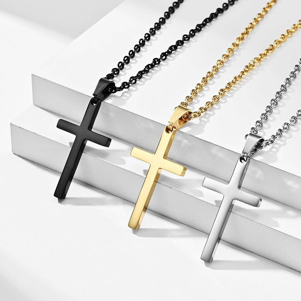 Mens Cross Charm Pendant Necklace in Stainless Steel: Black, Small