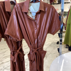 Win Win Brown Leather Short Sleeve Jump Suit