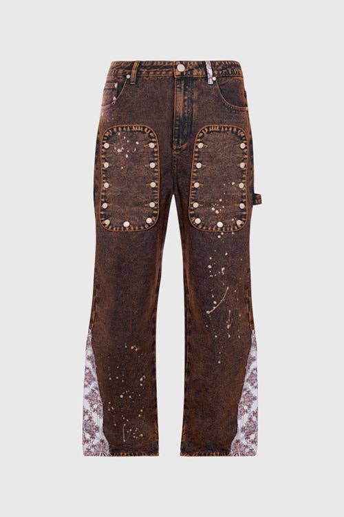 Tapestry Pattern Flared Denim Jeans: Rustic Brown, M