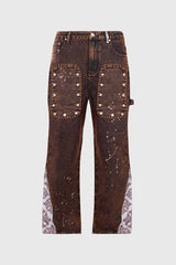 Tapestry Pattern Flared Denim Jeans: Rustic Brown, M