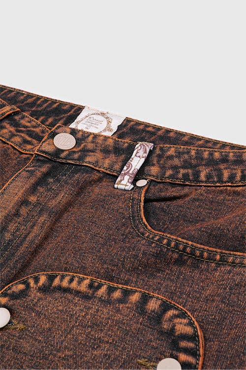 Tapestry Pattern Flared Denim Jeans: Rustic Brown, M