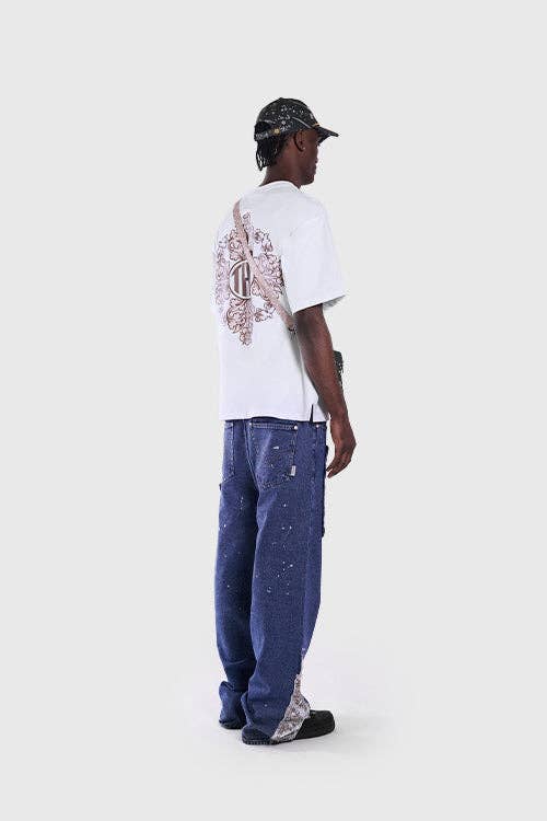 Tapestry Pattern Flared Denim Jeans: Ash Indigo, XL