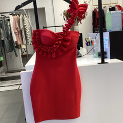 LECLA RED ONE SHOULDER RUFFLE CROSS DRESS.