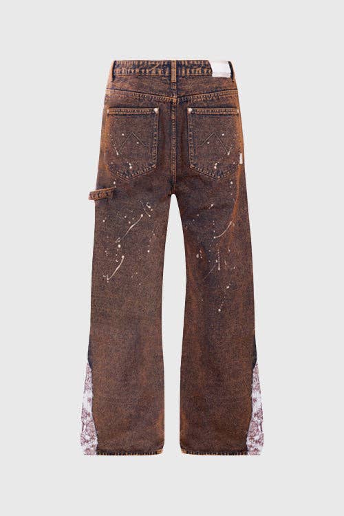Tapestry Pattern Flared Denim Jeans: Rustic Brown, L