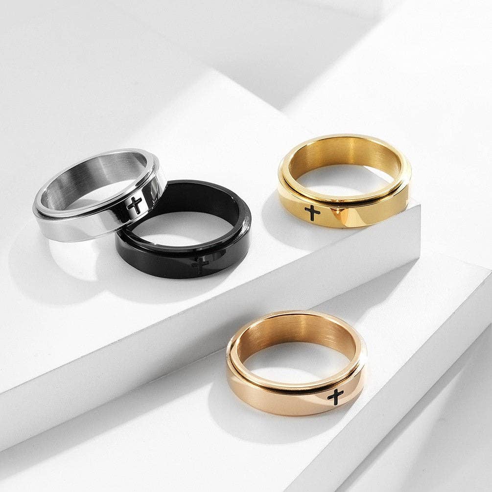 Cross Anxiety Fidget Spinner Band Ring in Stainless Steel: Gold/No Engrave, 9 US