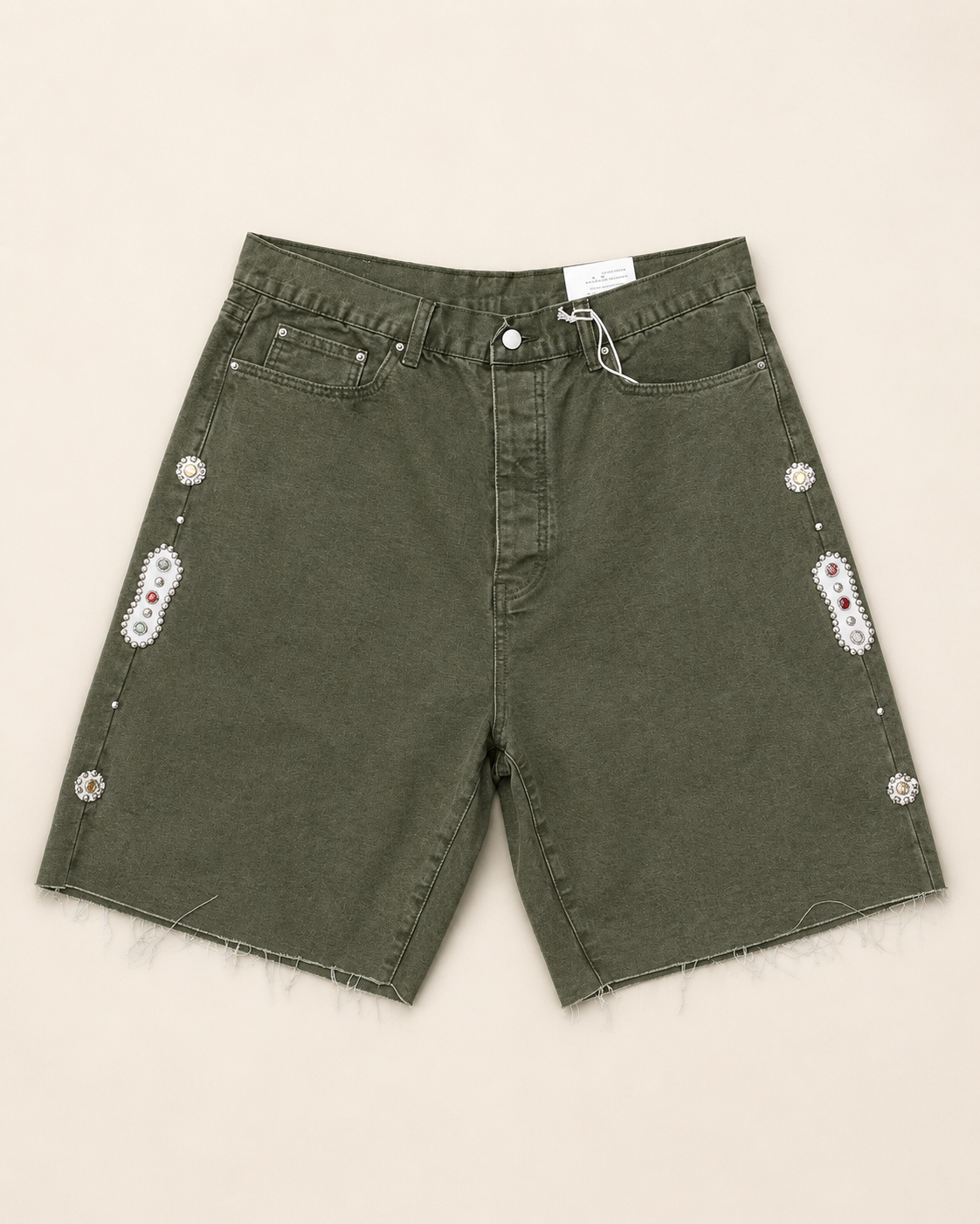 MNML OLIVE RHINESTONE CANVAS SHORTS