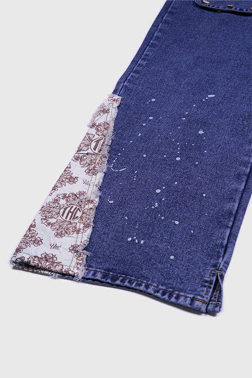 Tapestry Pattern Flared Denim Jeans: Ash Indigo, L