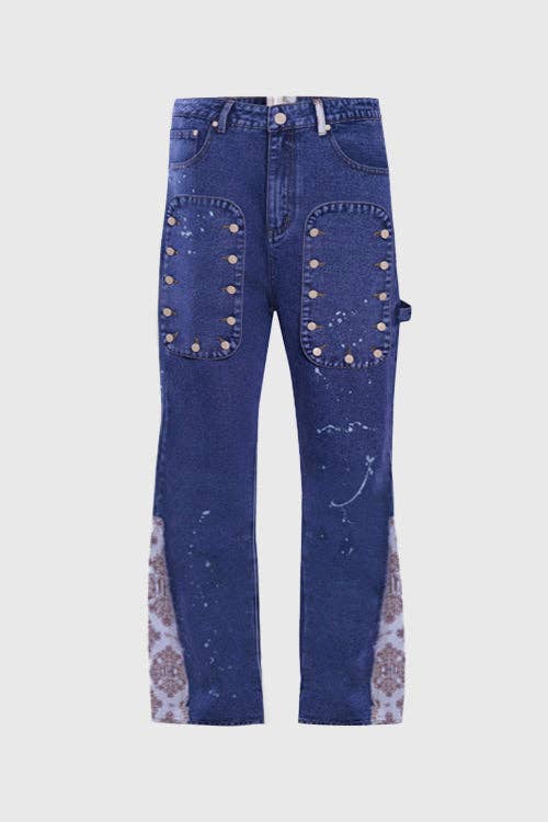 Tapestry Pattern Flared Denim Jeans: Ash Indigo, XL