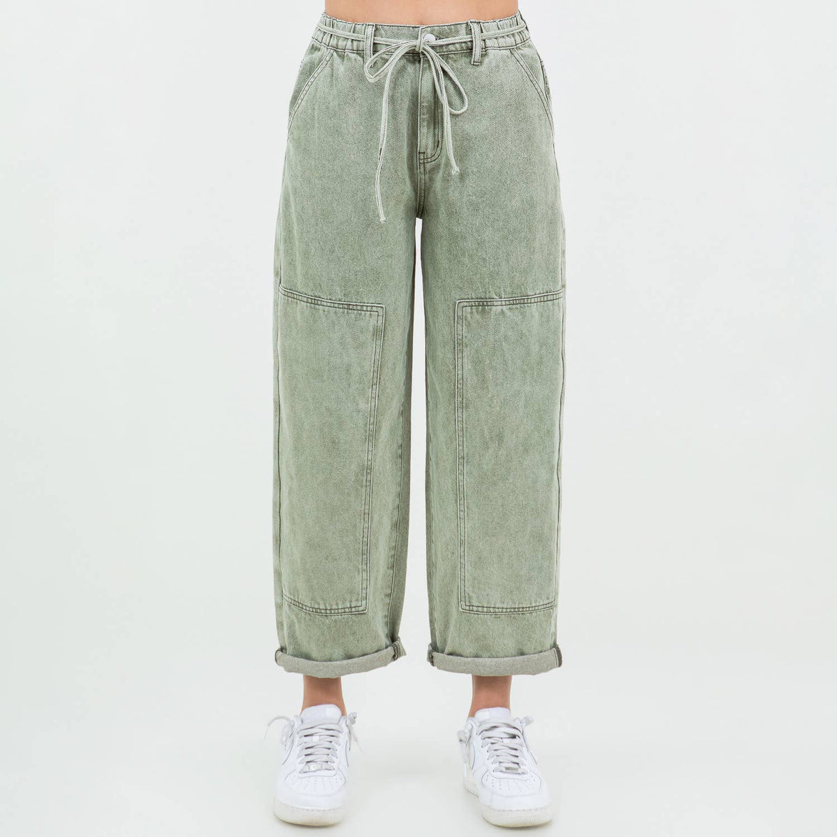 COLOR WASHED BARREL FIT PANTS-RJH21162: OLIVE WASH, Junior, S