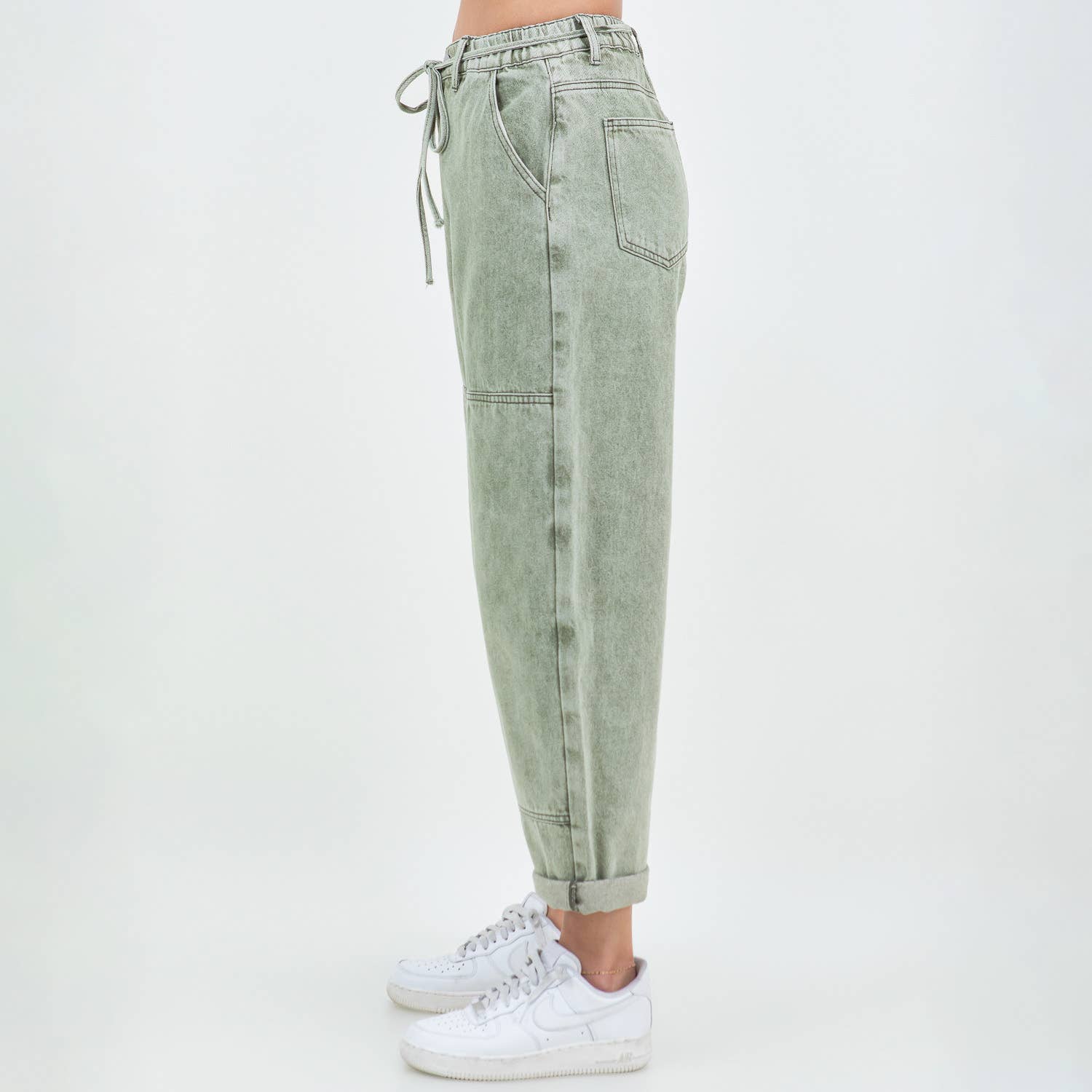 COLOR WASHED BARREL FIT PANTS-RJH21162: OLIVE WASH, Junior, S