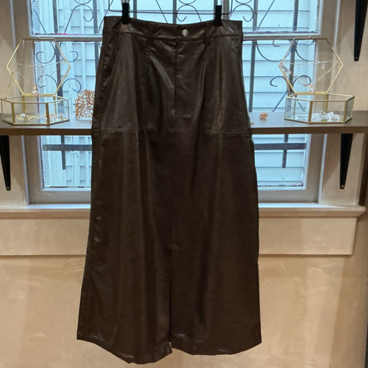 FORE Brown Faux Patent Leather Skirt