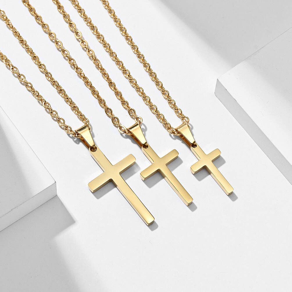 Mens Cross Charm Pendant Necklace in Stainless Steel: Silver, Small