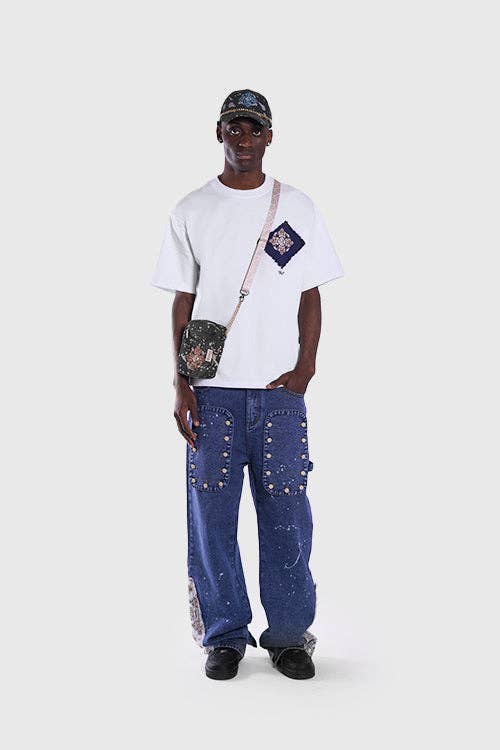 Tapestry Pattern Flared Denim Jeans: Ash Indigo, XL