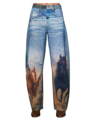 Denim Horse Print Wide Leg Pants