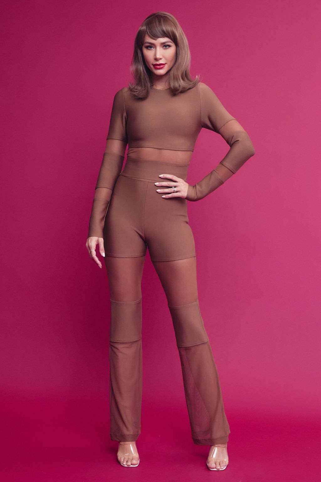 Bandage long sleeve top pants set mesh insert: MOCHA, S