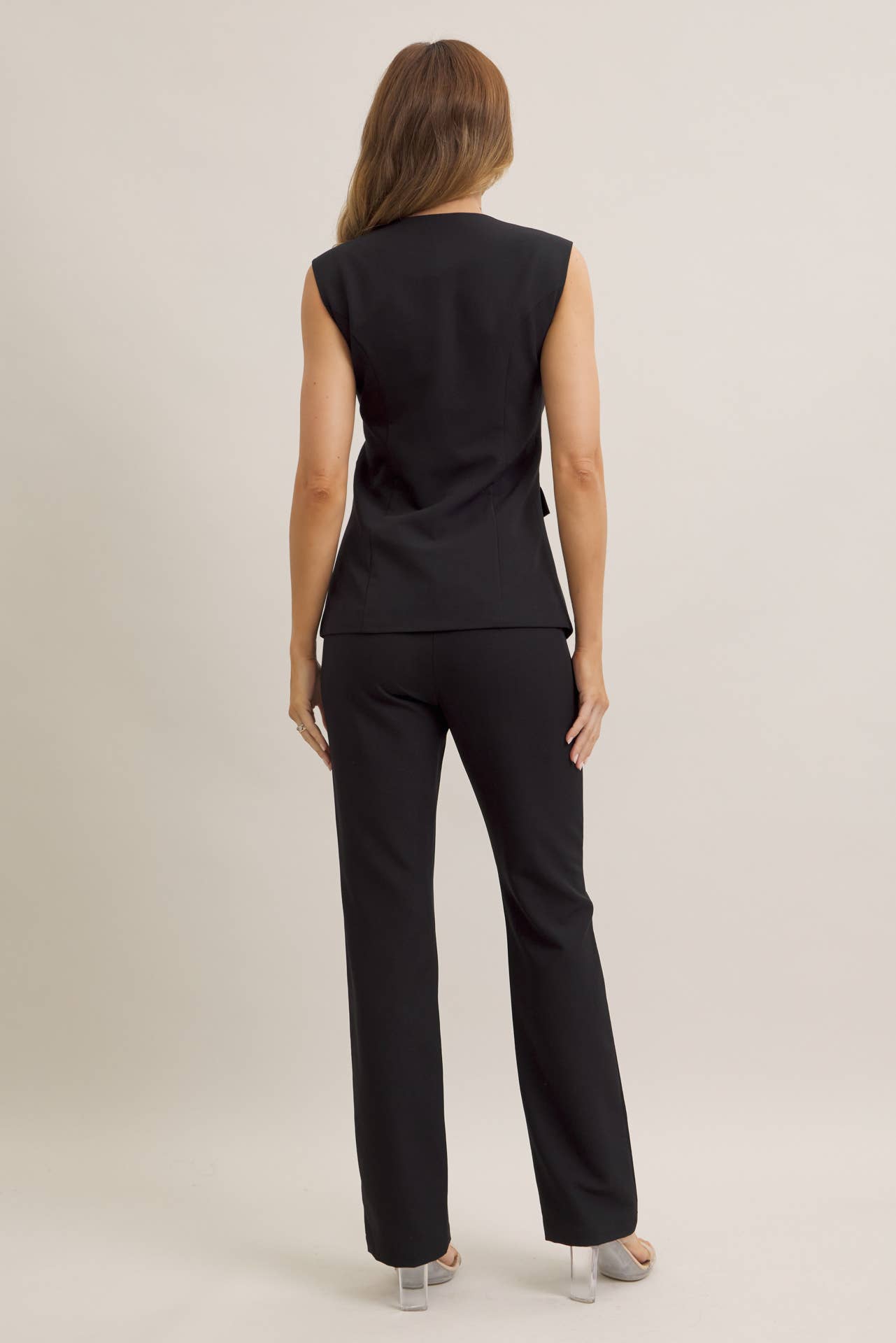Evangeline Woven Sleeveless Button Down Vest & Pants Set..: WHITE, M
