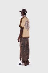 Tapestry Pattern Flared Denim Jeans: Rustic Brown, L