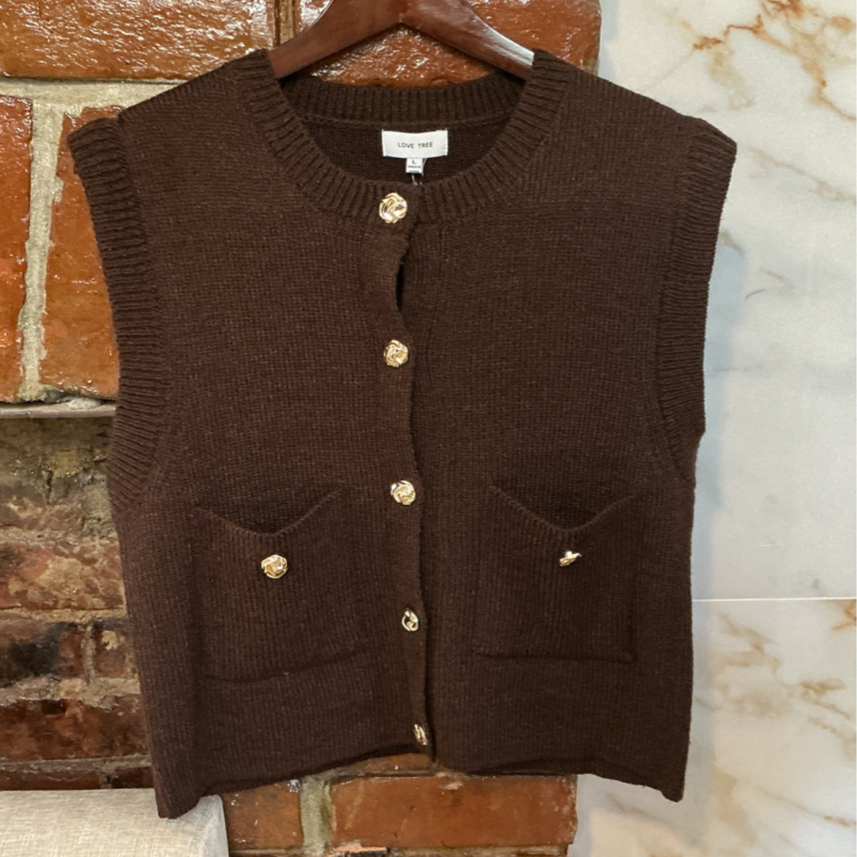 Love Tree Brown Sleeveless Front Buttoned Sweater
