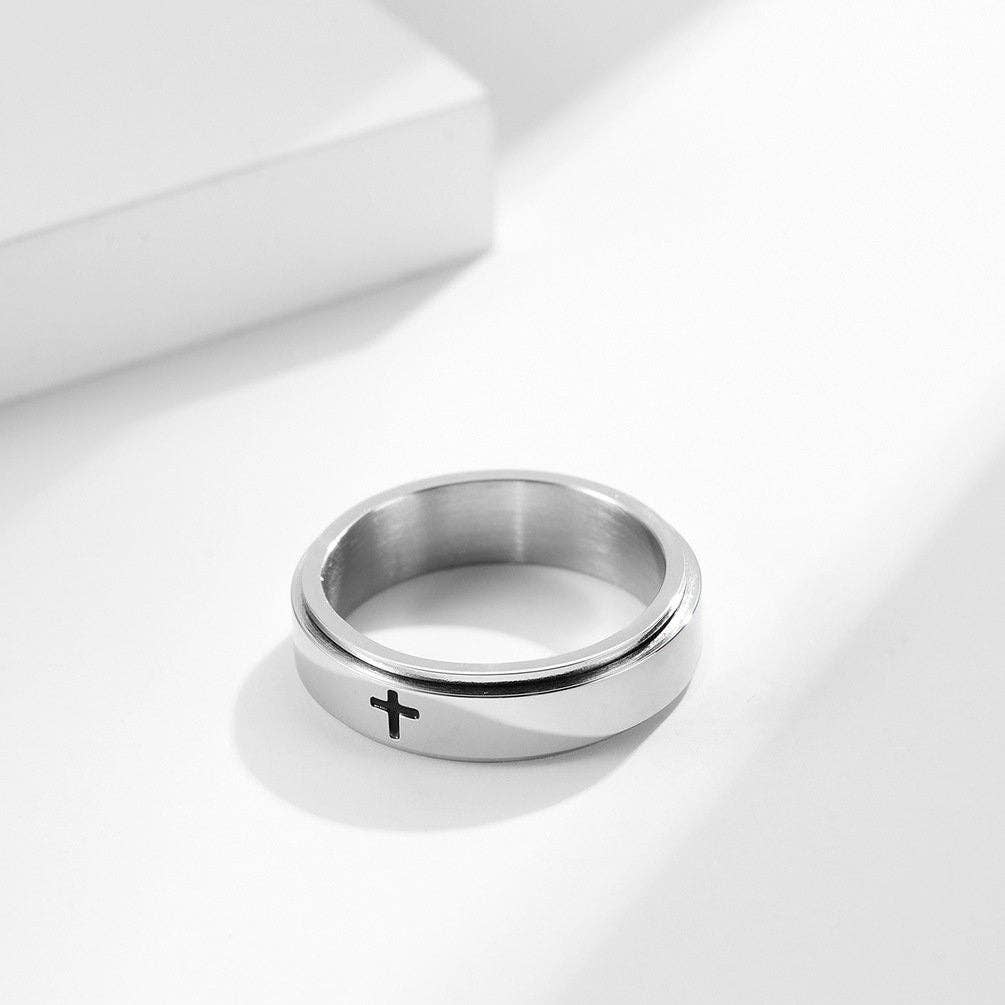 Cross Anxiety Fidget Spinner Band Ring in Stainless Steel: Gold/No Engrave, 8 US
