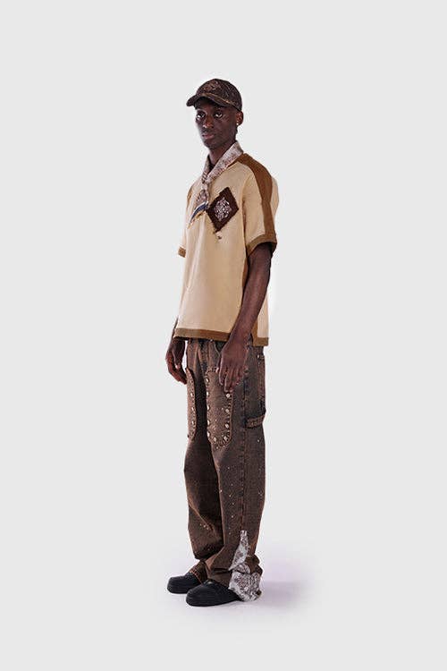 Tapestry Pattern Flared Denim Jeans: Rustic Brown, M