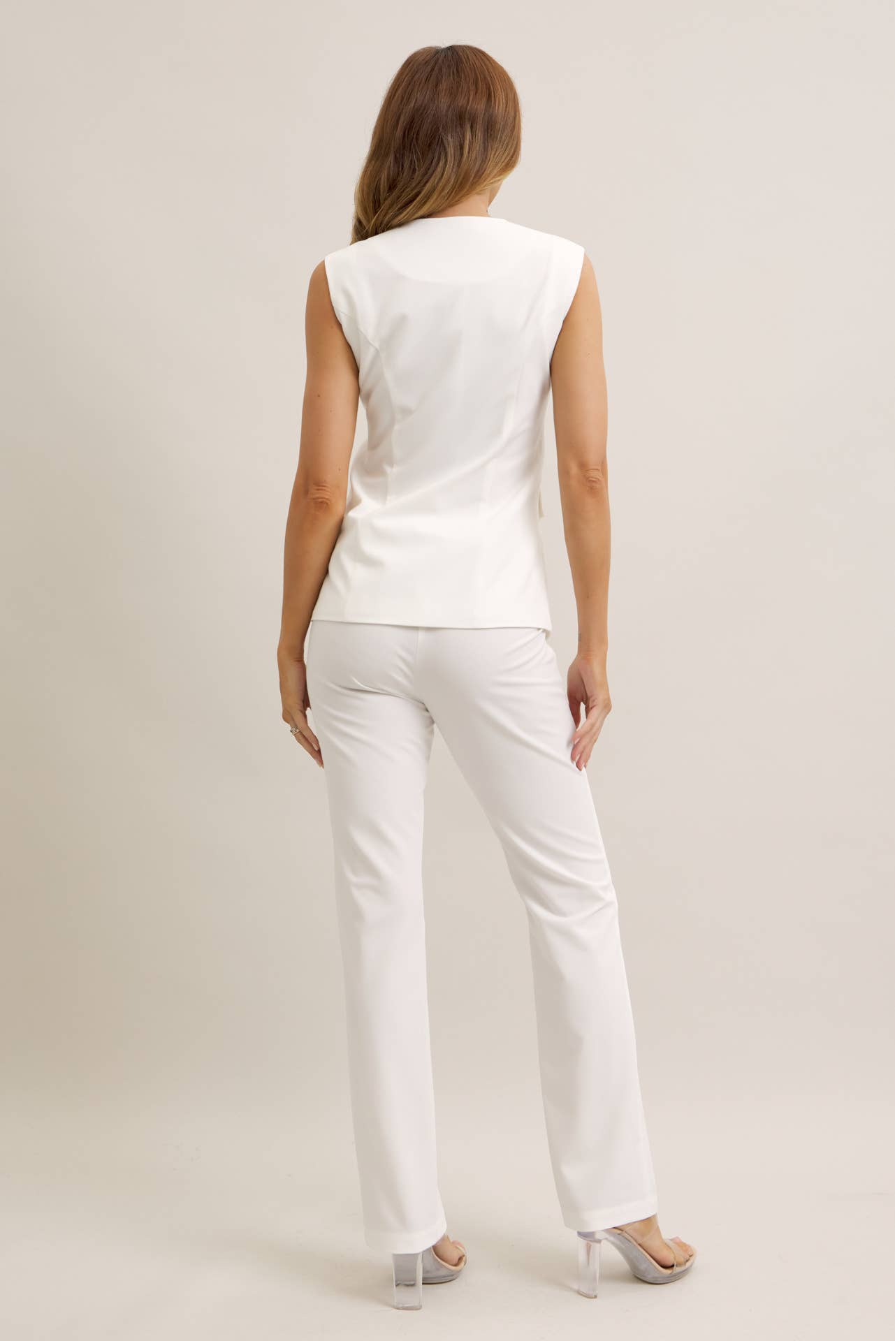 Evangeline Woven Sleeveless Button Down Vest & Pants Set..: WHITE, S