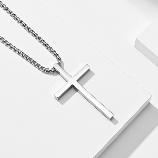 Mens Cross Charm Pendant Necklace in Stainless Steel: Black, Small