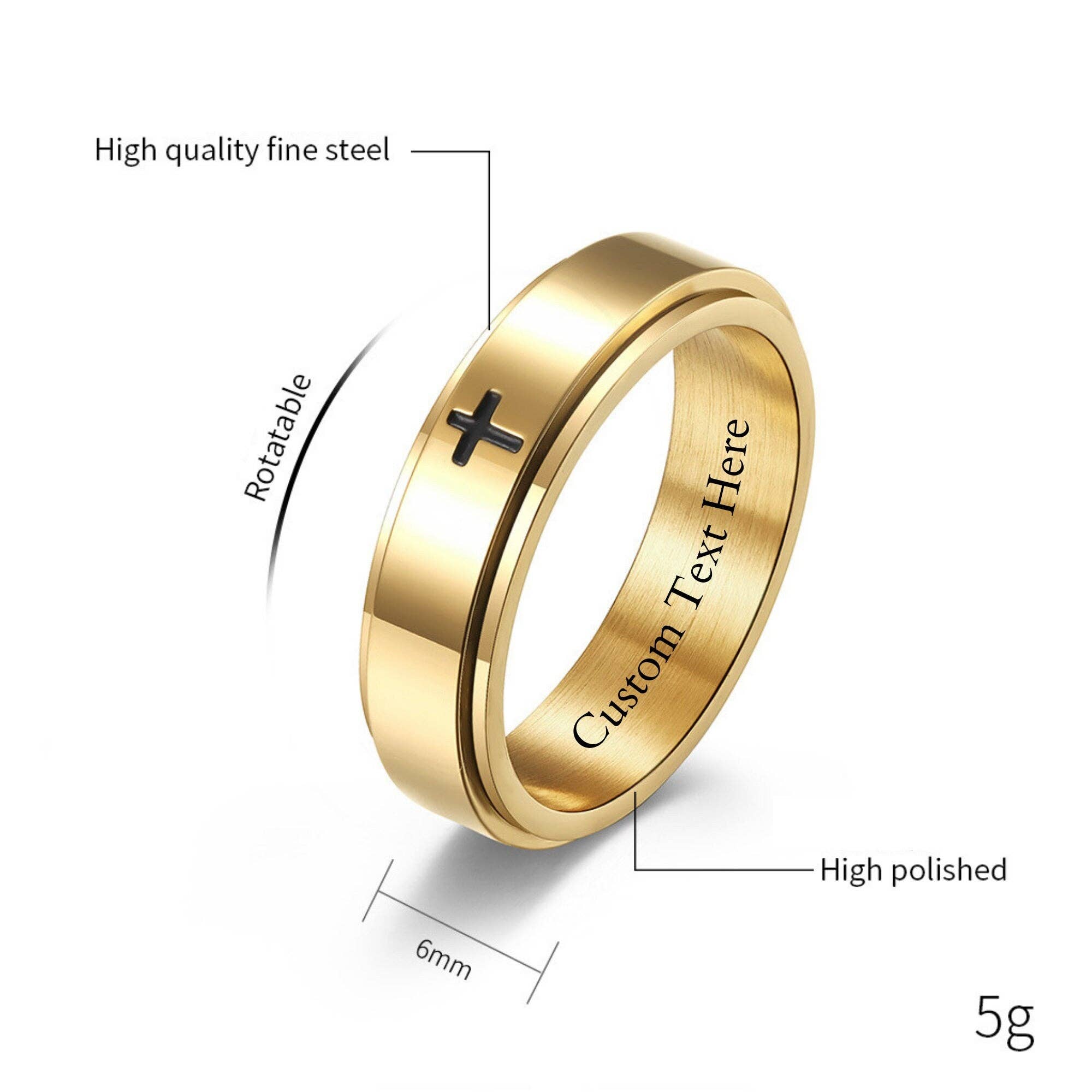 Cross Anxiety Fidget Spinner Band Ring in Stainless Steel: Gold/No Engrave, 9 US